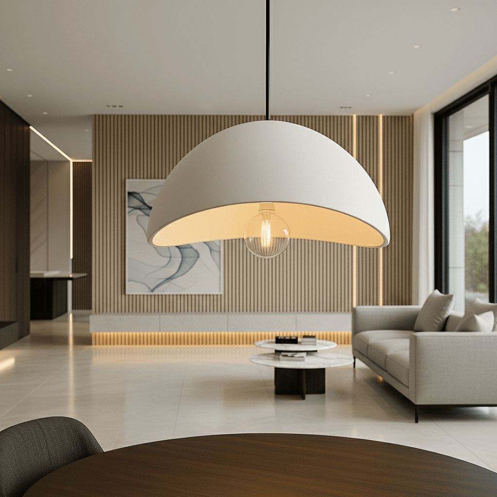 Curved dome pendant light with exposed bulb and warm glow