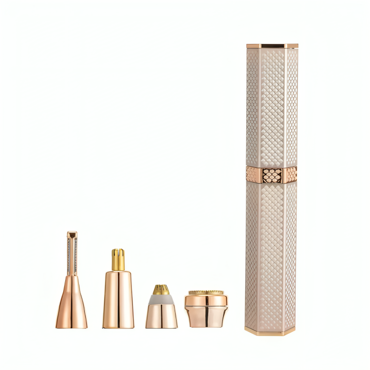 Rose gold 4-in-1 rechargeable facial trimmer with four interchangeable grooming heads