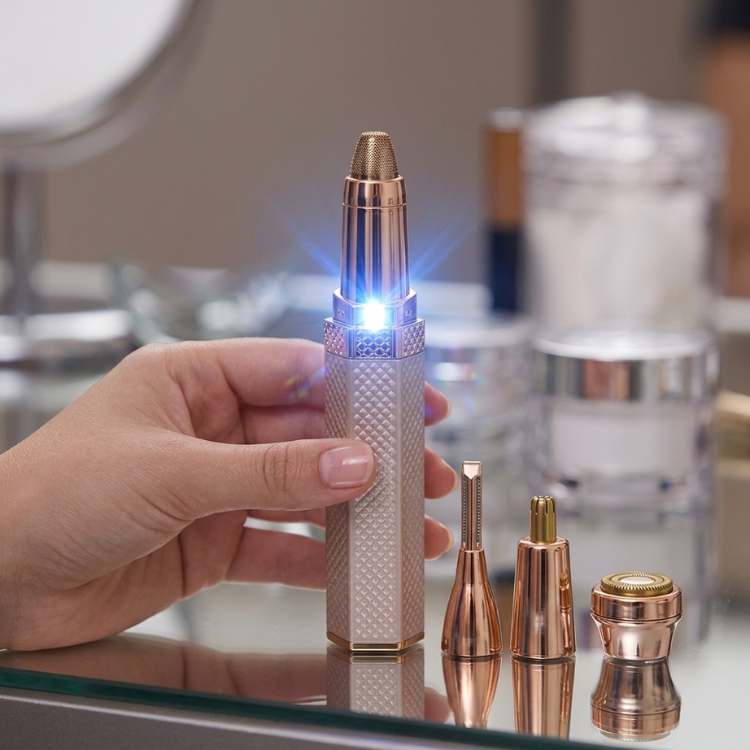 Rose gold 4-in-1 rechargeable facial trimmer with four interchangeable grooming heads