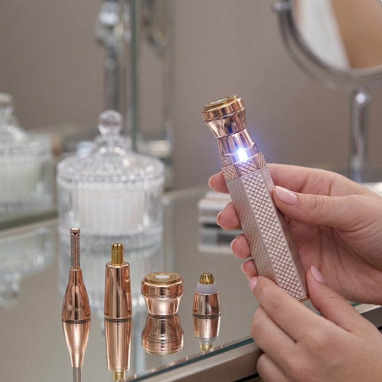 Rose gold 4-in-1 rechargeable facial trimmer with four interchangeable grooming heads