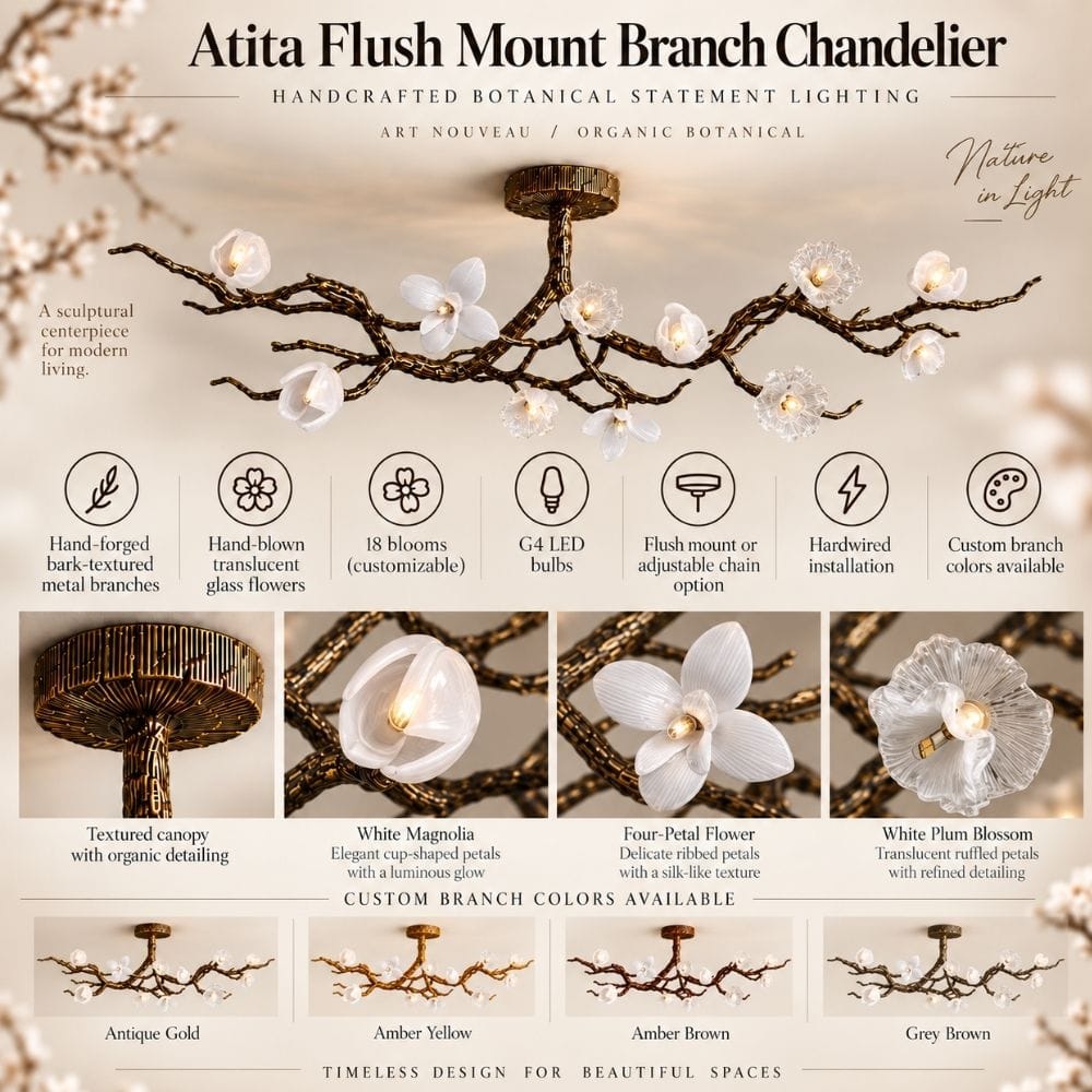 Flush mount branch chandelier with flower-shaped lights