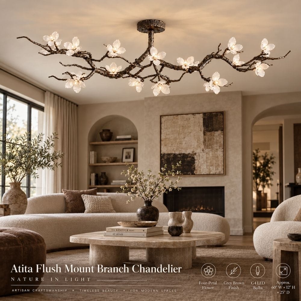 Flush mount branch chandelier with flower-shaped lights