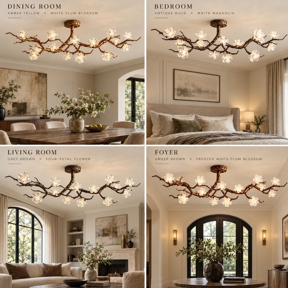 Flush mount branch chandelier with flower-shaped lights