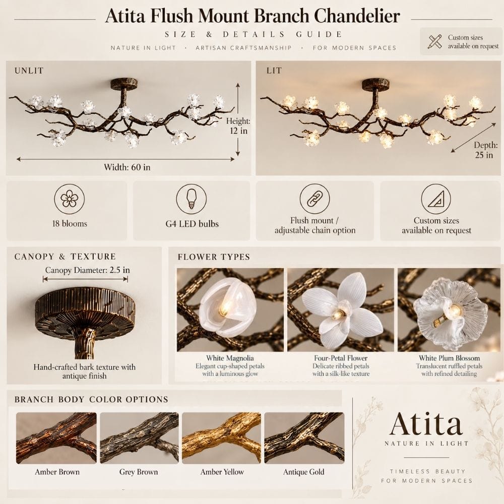 Flush mount branch chandelier with flower-shaped lights