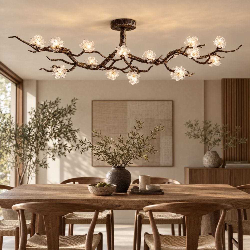 Flush mount branch chandelier with flower-shaped lights
