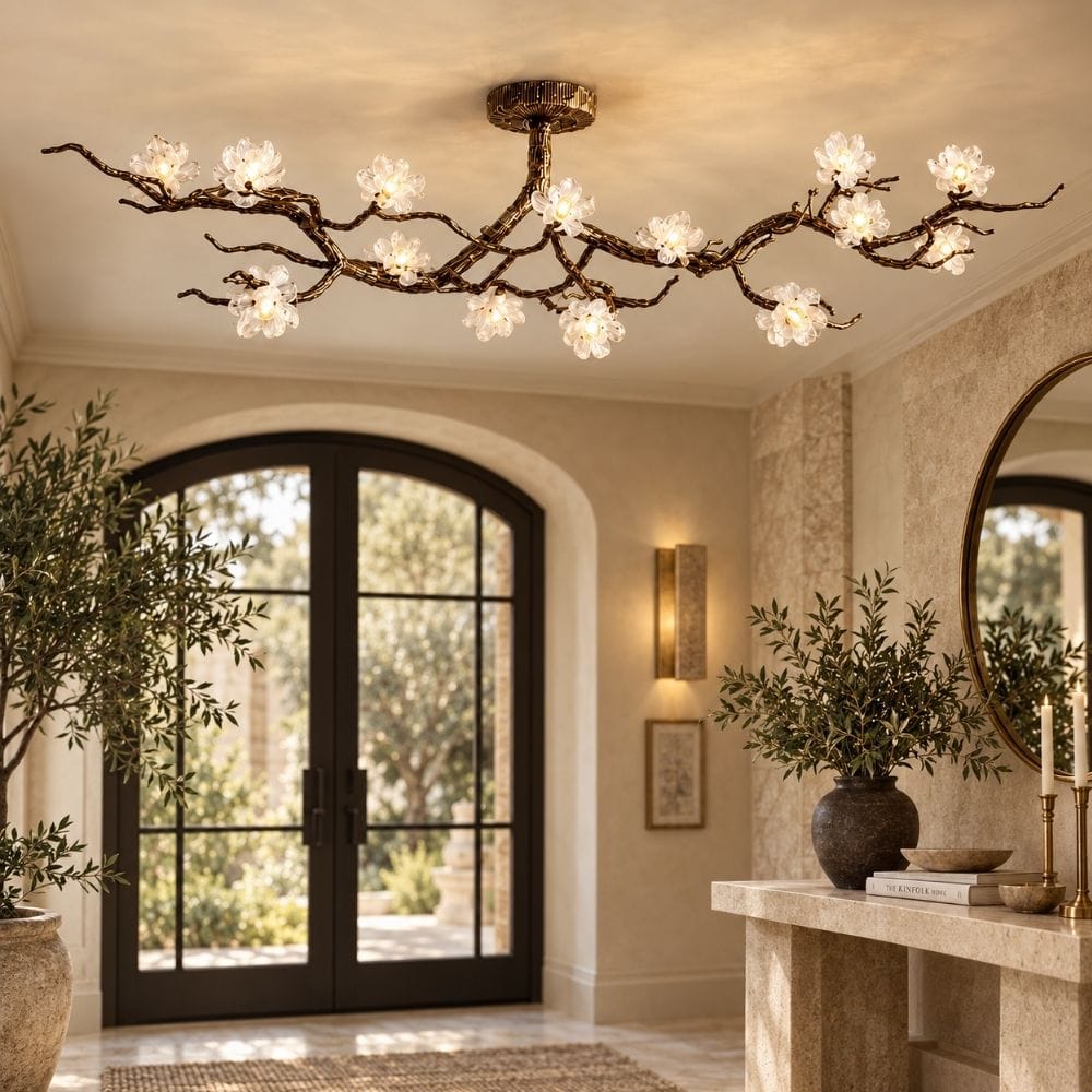 Flush mount branch chandelier with flower-shaped lights