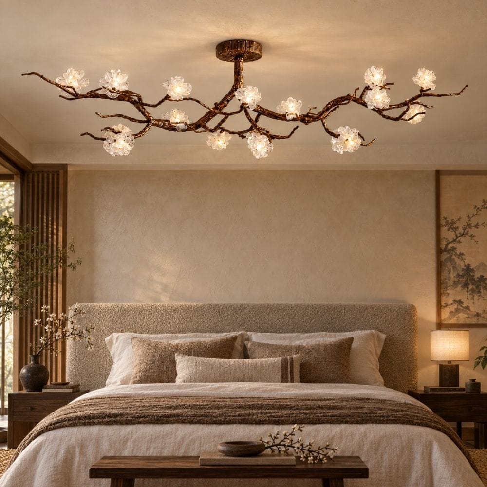 Flush mount branch chandelier with flower-shaped lights