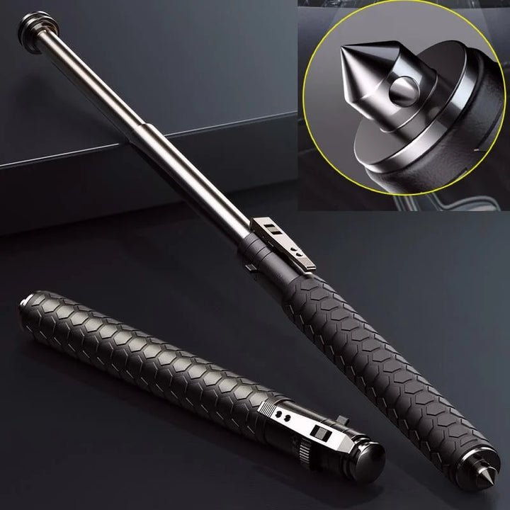 Retractable defence baton with black textured grip and silver telescopic shaft