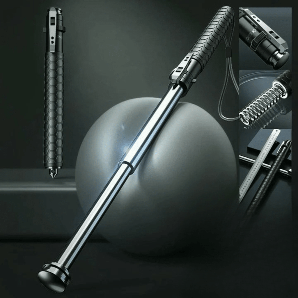 Retractable defence baton with black textured grip and silver telescopic shaft