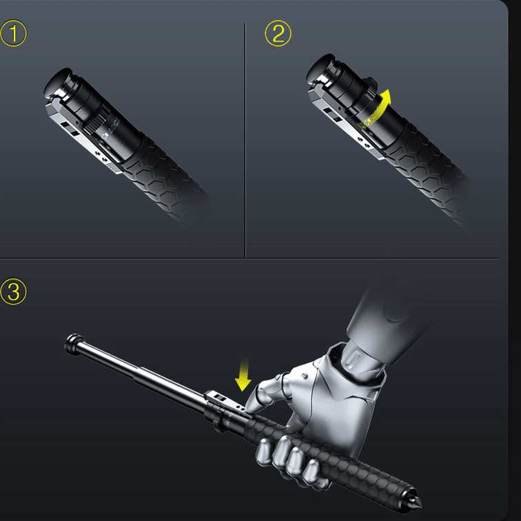 Retractable defence baton with black textured grip and silver telescopic shaft