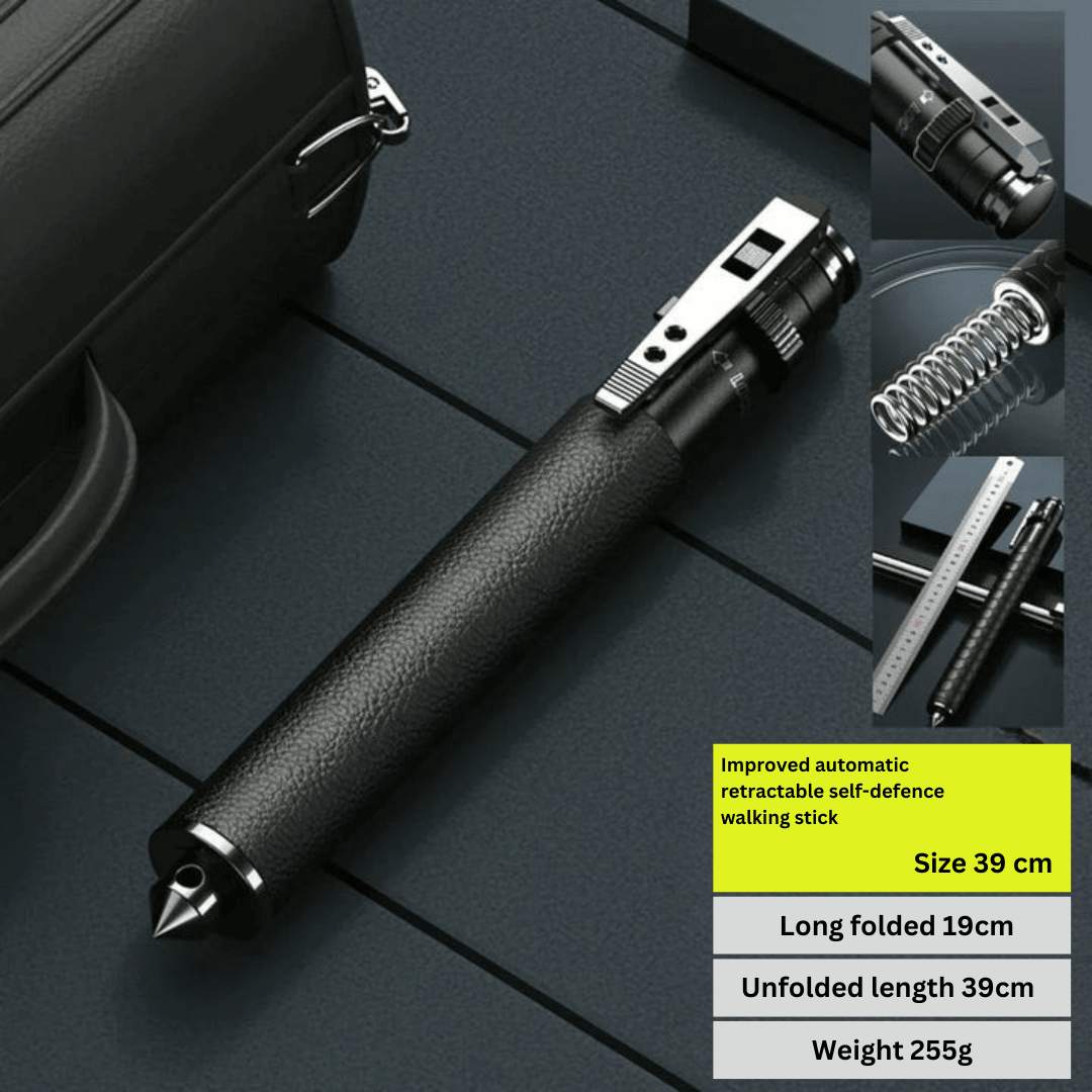 Retractable defence baton with black textured grip and silver telescopic shaft