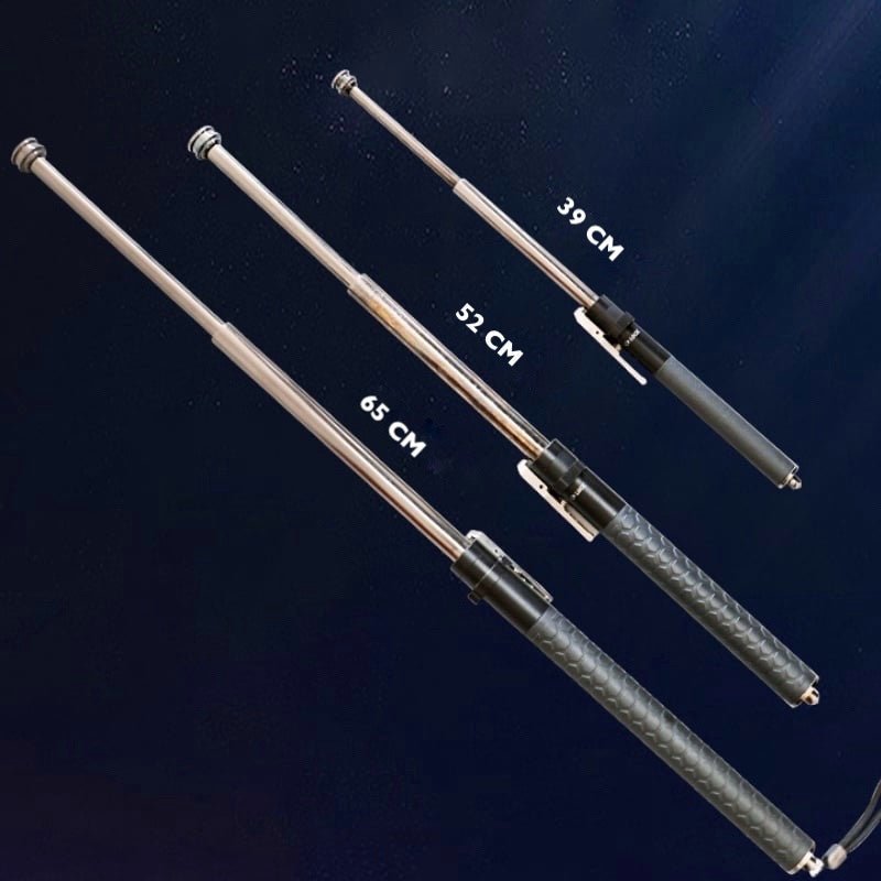 Retractable defence baton with black textured grip and silver telescopic shaft