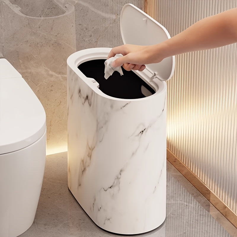 Lidded bathroom and kitchen waste bin with decorative patterned finish