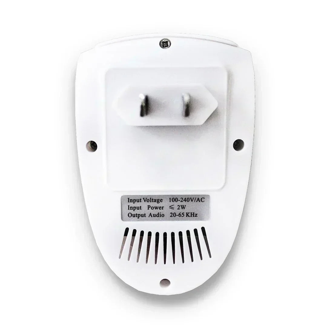 White plug-in ultrasonic bed bug repeller with speaker grille and blue indicator light