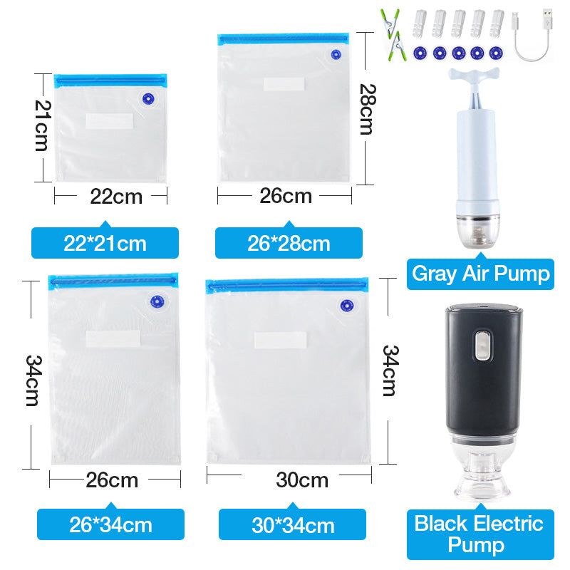 Clear reusable vacuum sealer bags with blue zip seals and hand pump