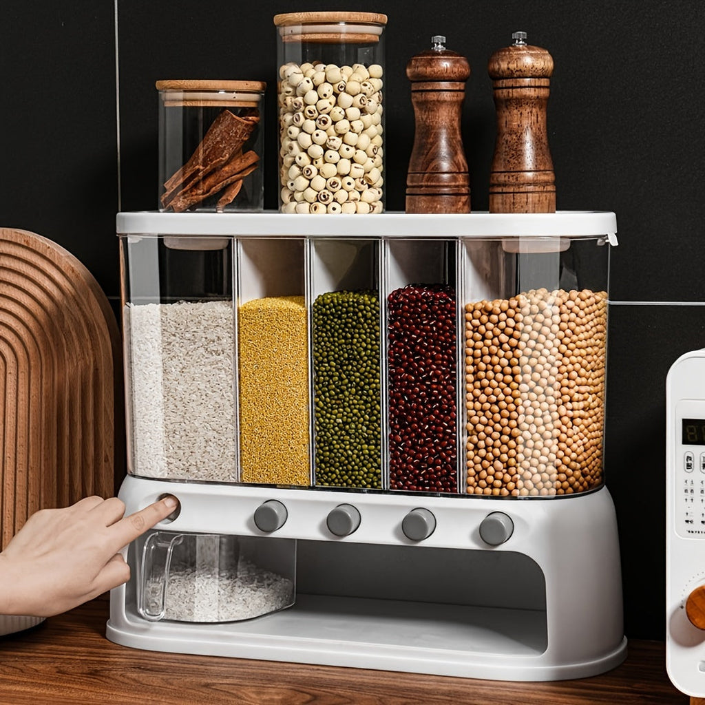 White multi-compartment grain dispenser with clear storage sections and pull-out container