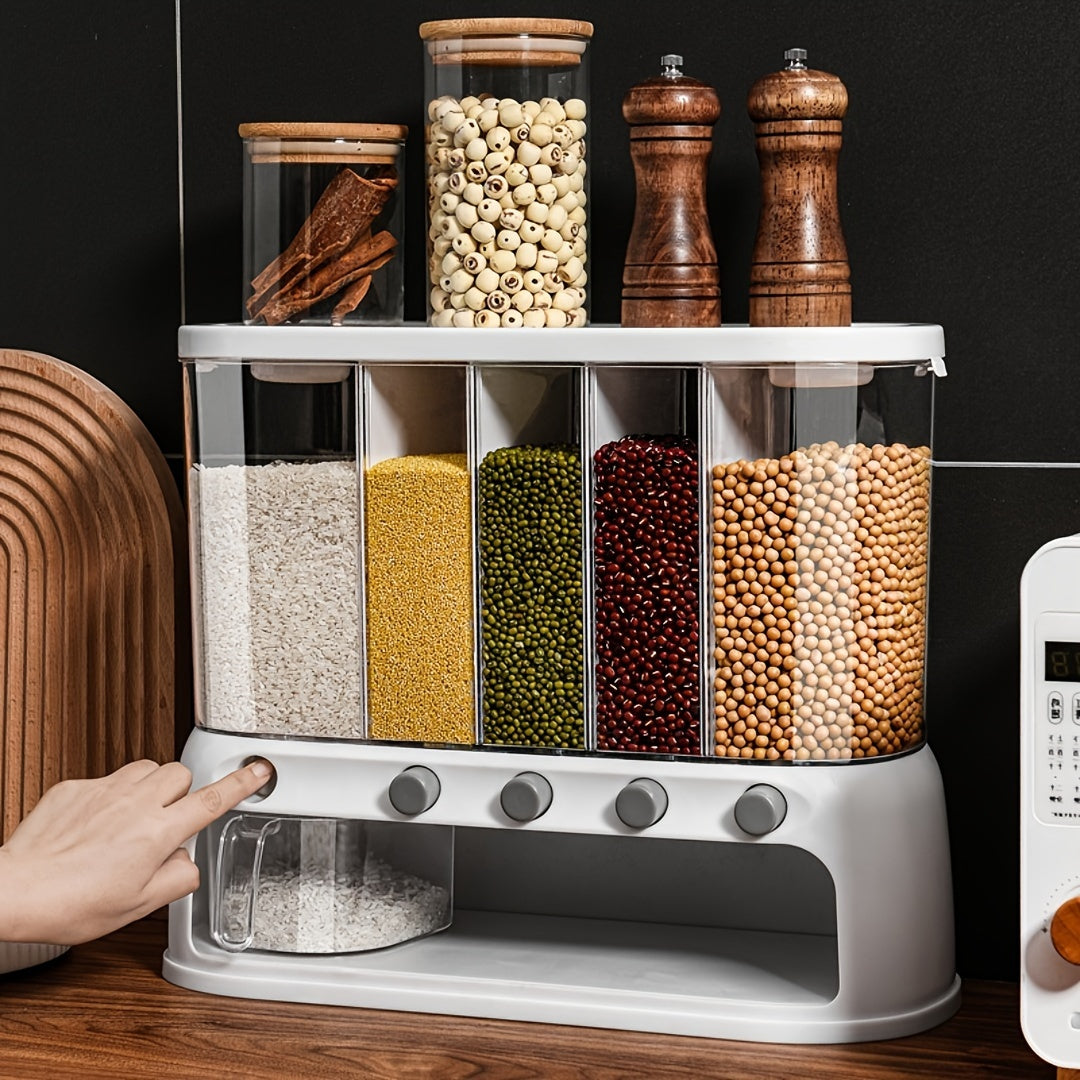 White multi-compartment grain dispenser with clear storage sections and pull-out container