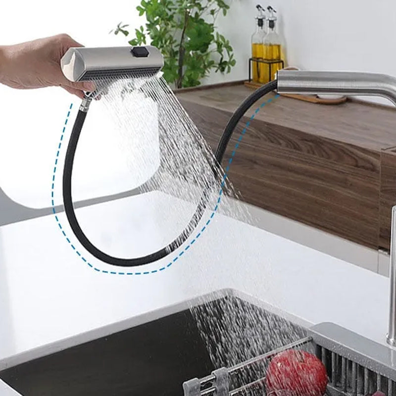 Chrome kitchen tap attachment with flexible hose and wide spray setting