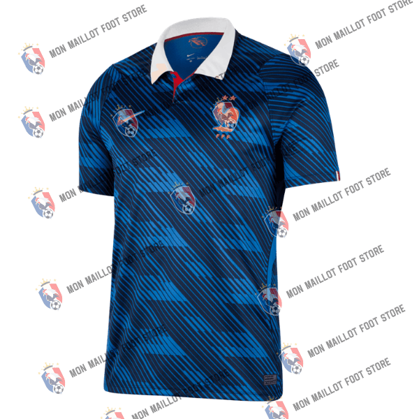 Blue short-sleeve football shirt with geometric pattern and white collar