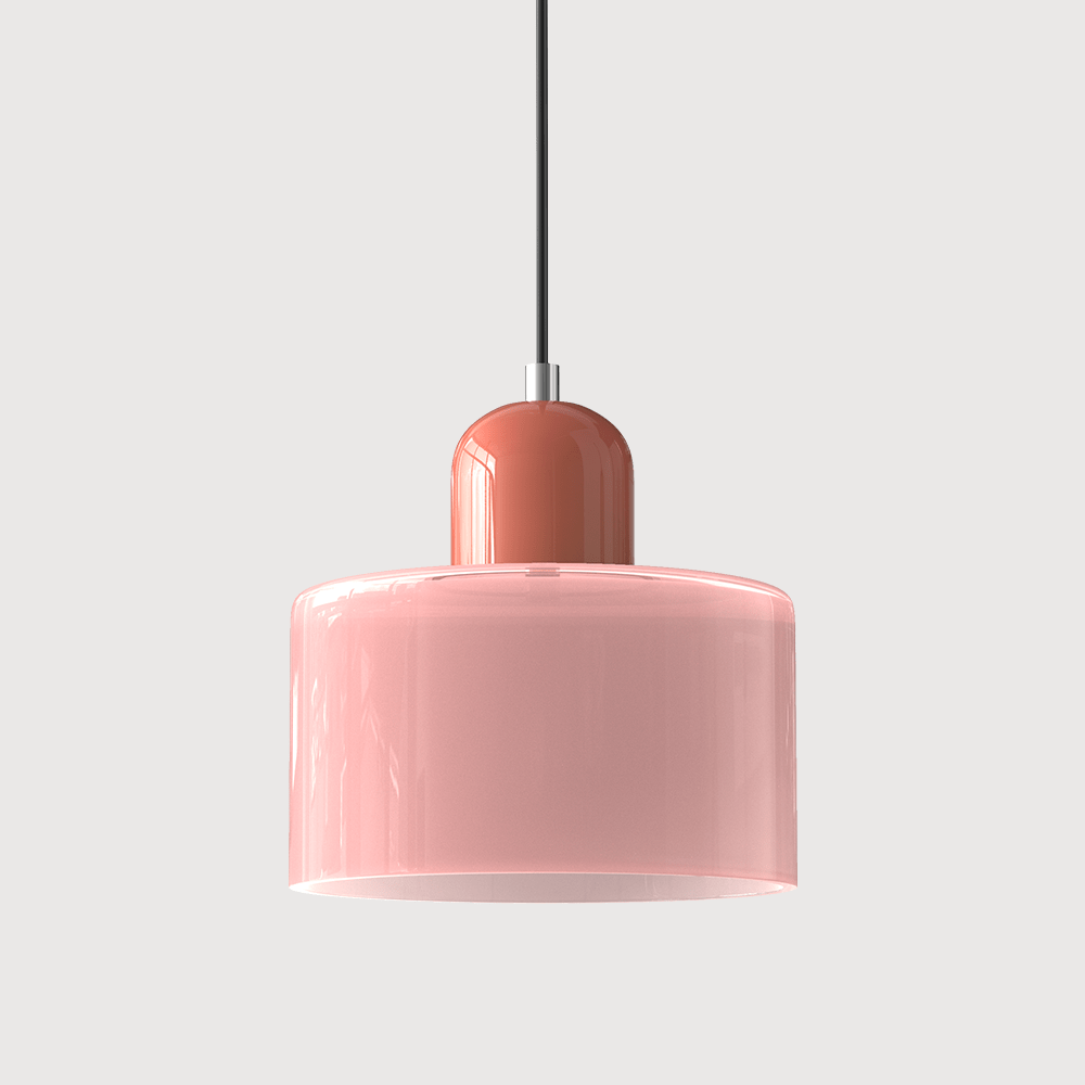 Modern coloured glass pendant ceiling light with rounded cylindrical shade