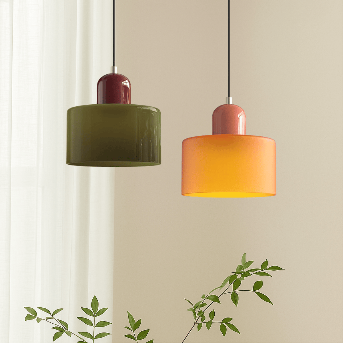 Modern coloured glass pendant ceiling light with rounded cylindrical shade
