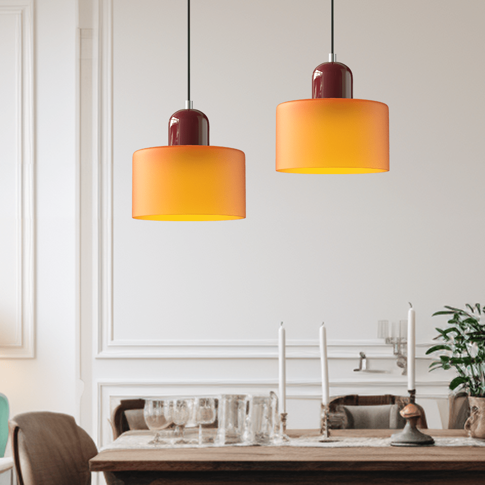 Modern coloured glass pendant ceiling light with rounded cylindrical shade