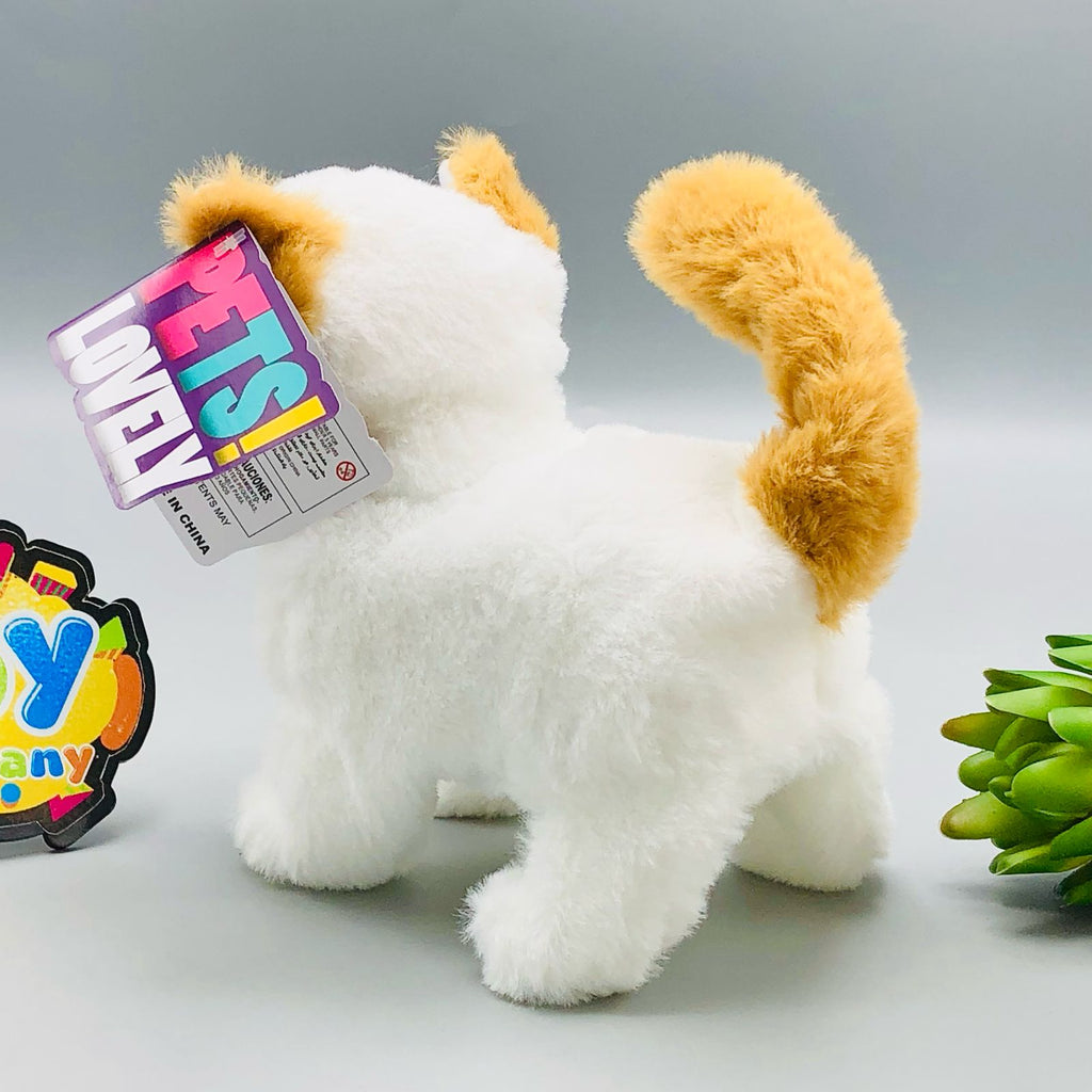 Walking plush cat toy with sound in white and orange colourways