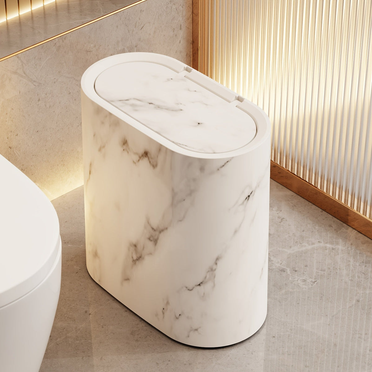 Lidded bathroom and kitchen waste bin with decorative patterned finish