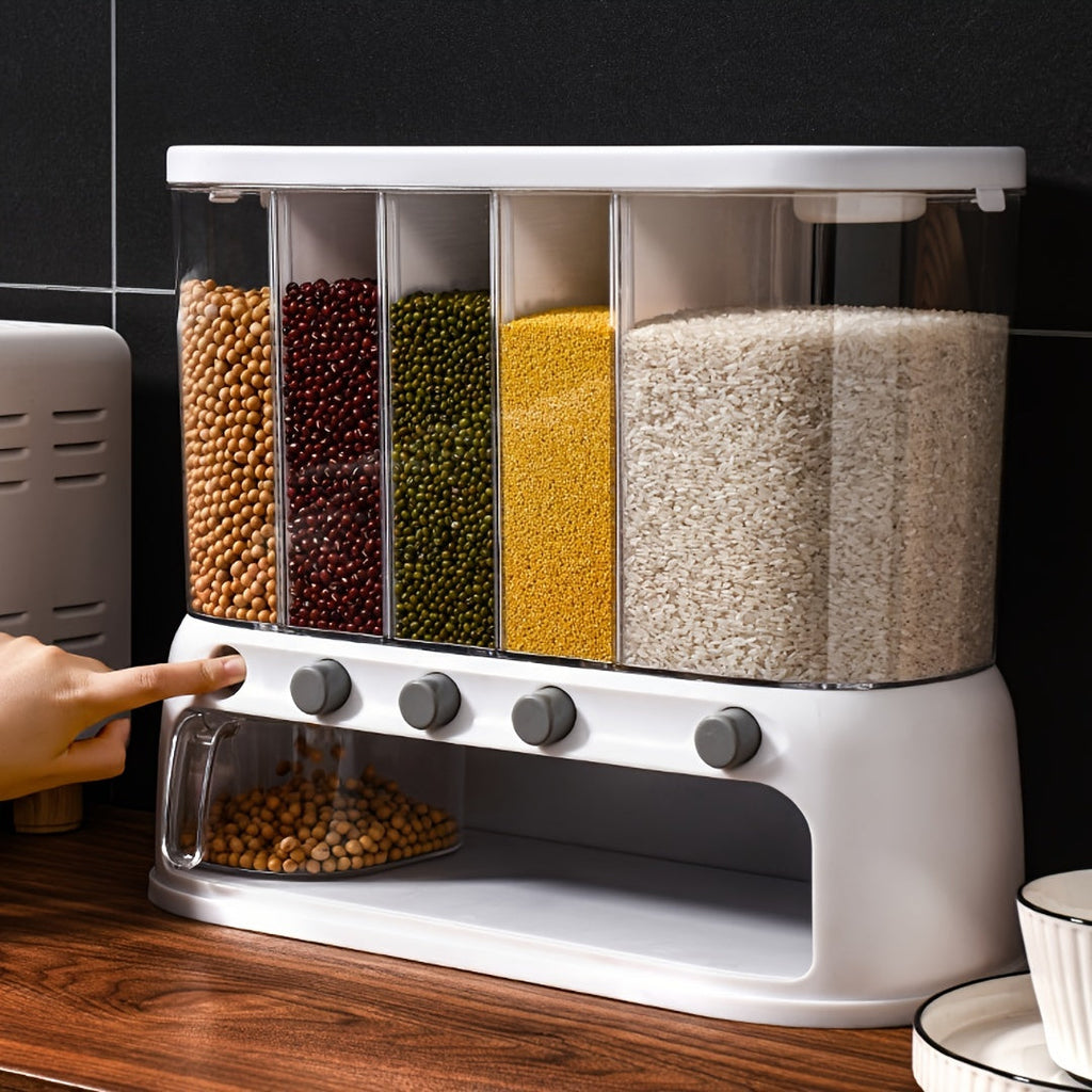 White multi-compartment grain dispenser with clear storage sections and pull-out container
