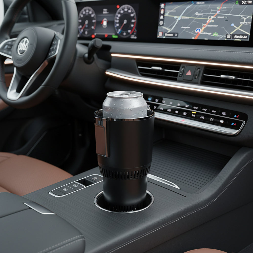 Portable heated and cooled drink holder placed in a car cup holder