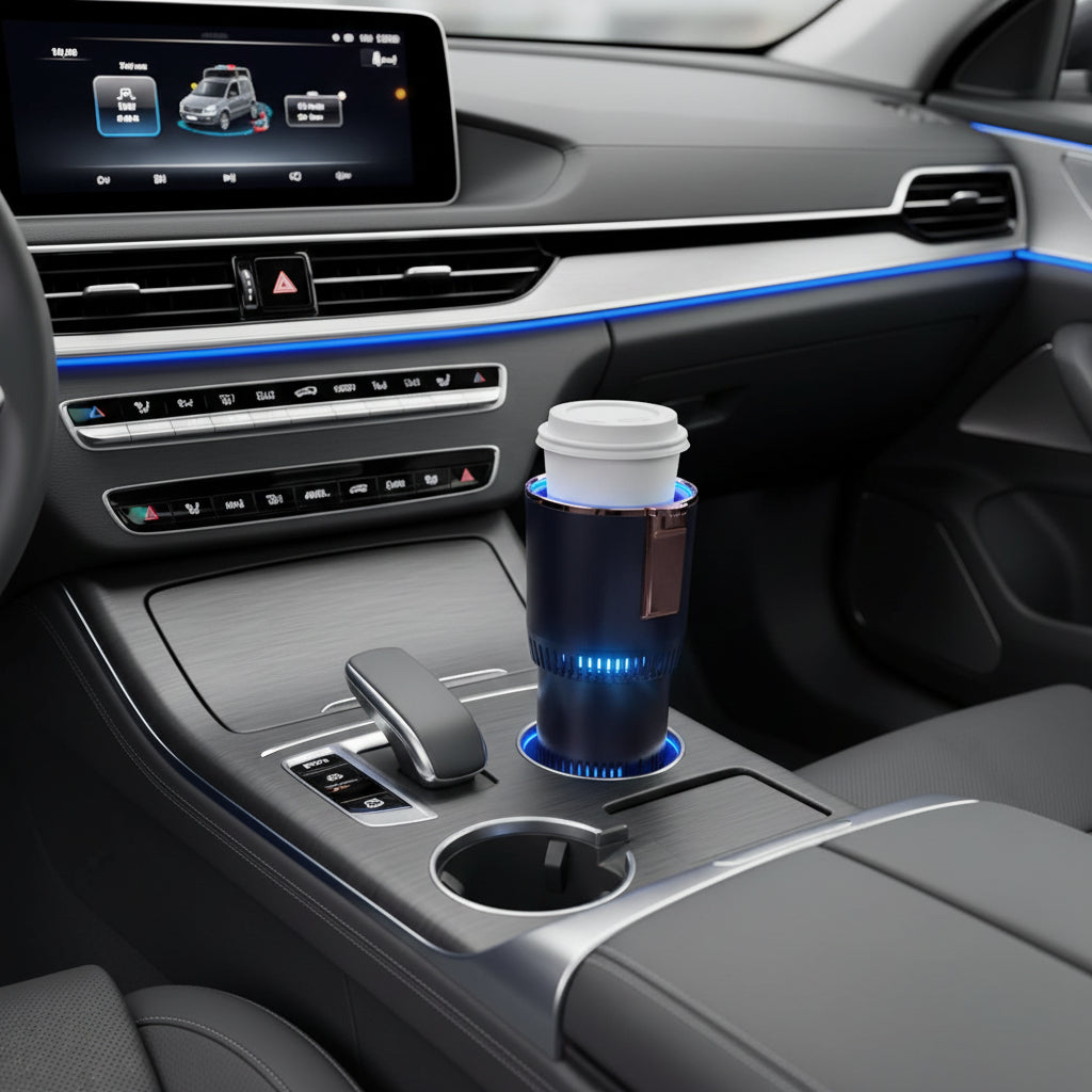 Portable heated and cooled drink holder placed in a car cup holder