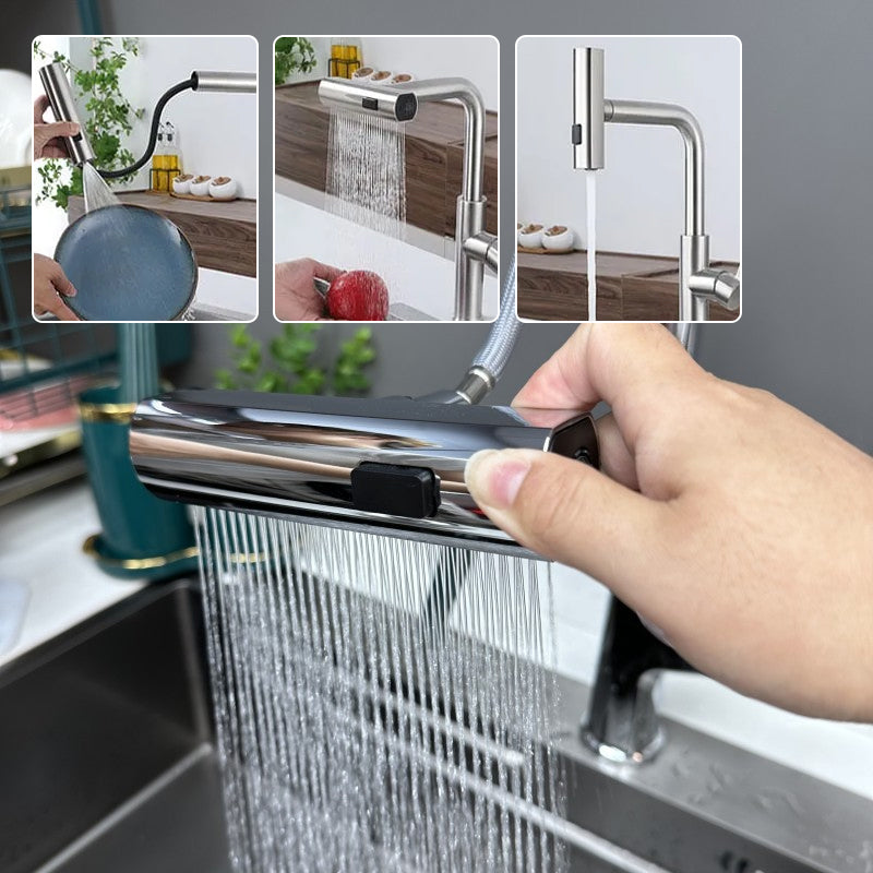 Chrome kitchen tap attachment with flexible hose and wide spray setting