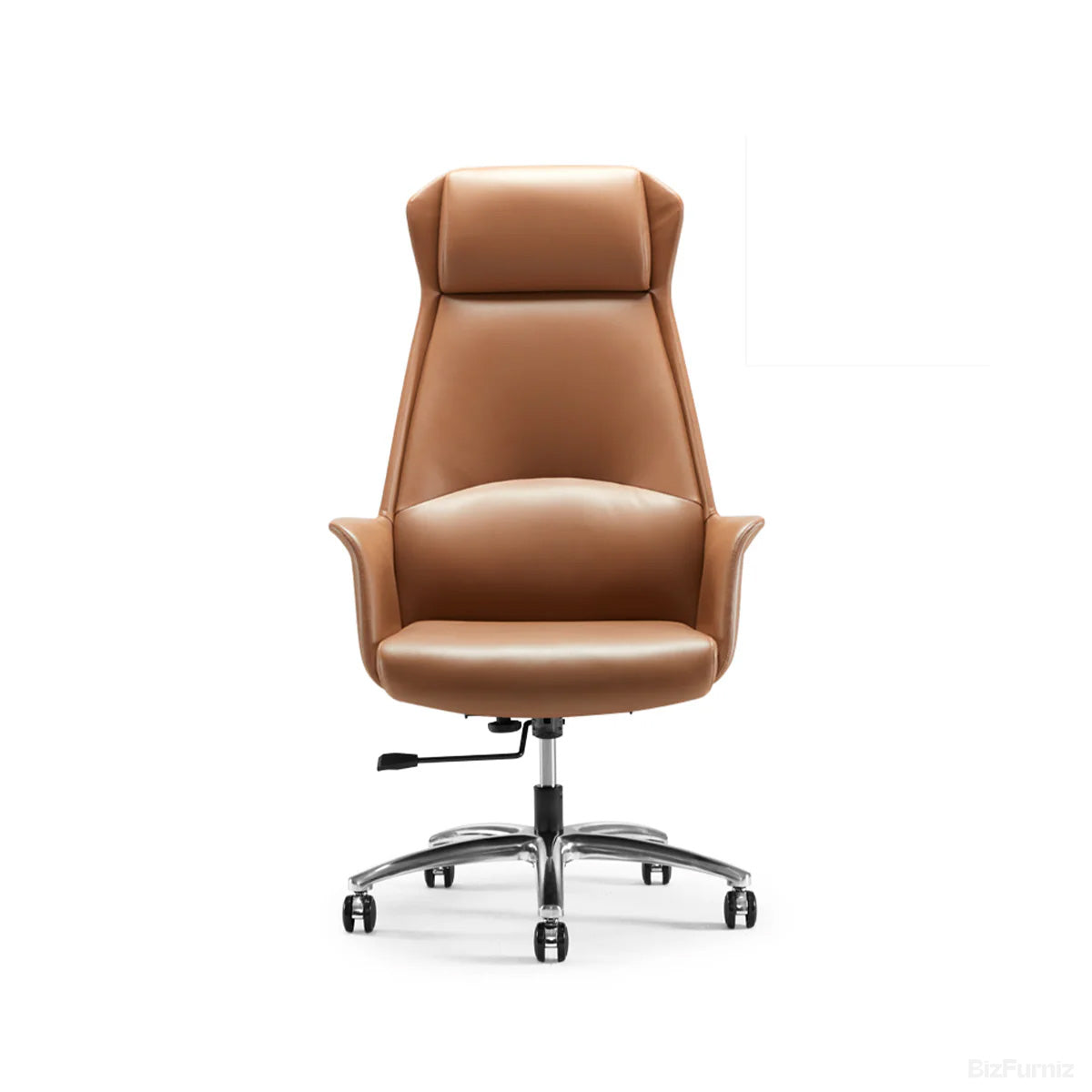 Ergonomic leather office chair with high back, armrests and wheeled base