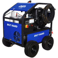 Blue 4000 PSI hot water pressure washer with petrol engine and coiled hose