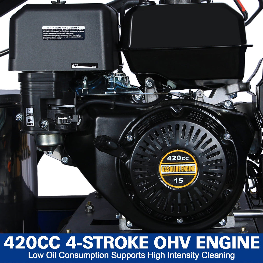 Blue 4000 PSI hot water pressure washer with petrol engine and coiled hose