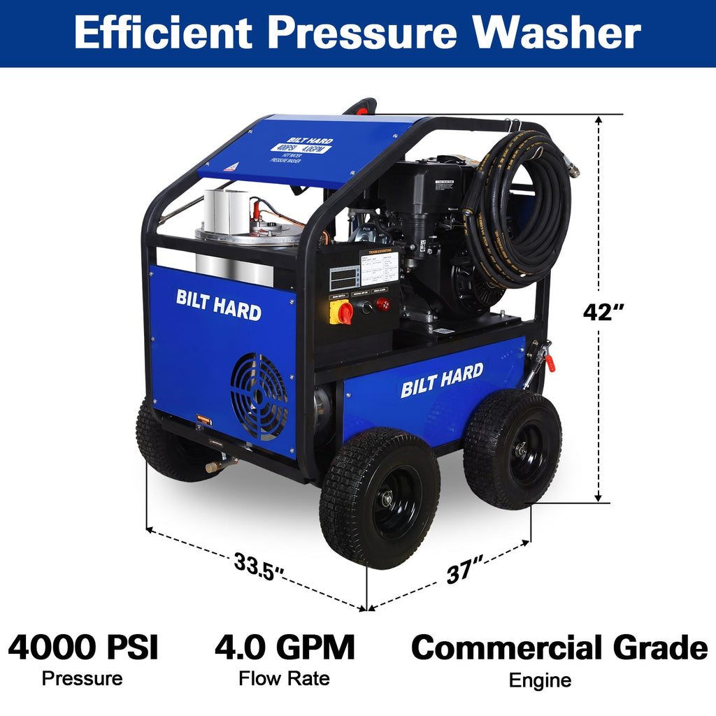 Blue 4000 PSI hot water pressure washer with petrol engine and coiled hose