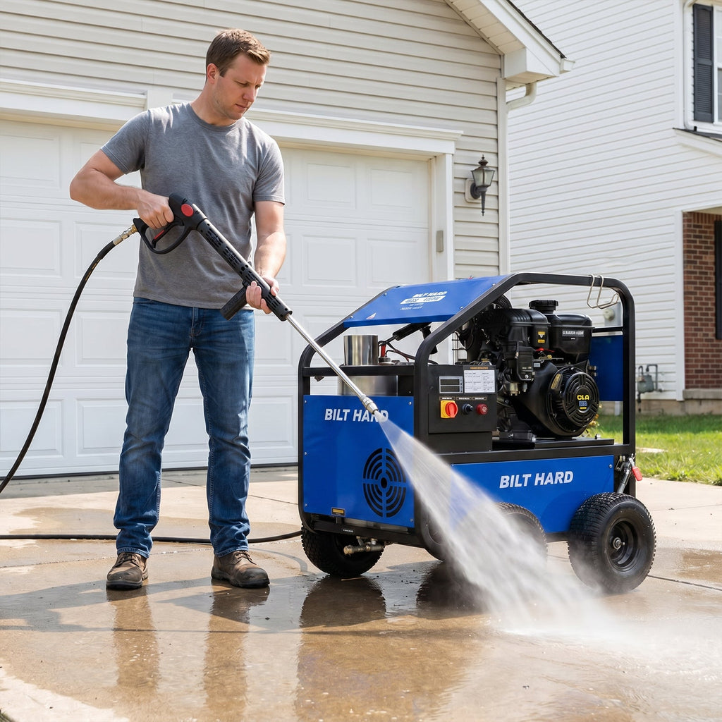 Blue 4000 PSI hot water pressure washer with petrol engine and coiled hose