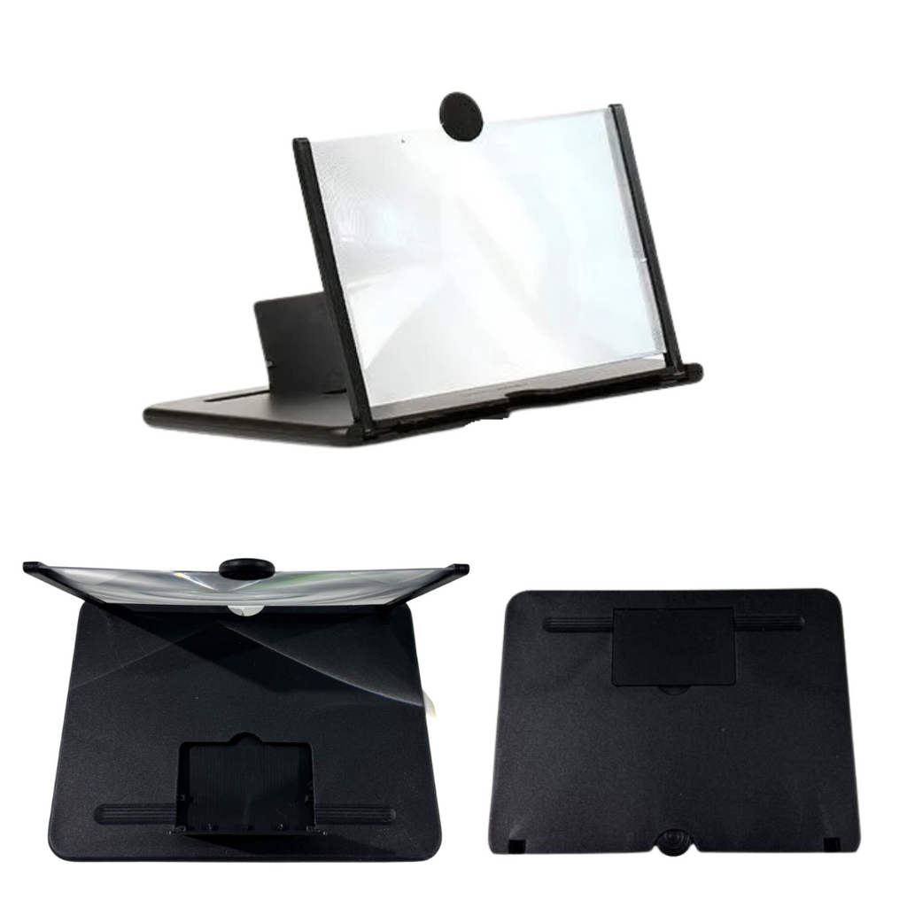 Folding smartphone screen magnifier with phone holder and clear lens panel
