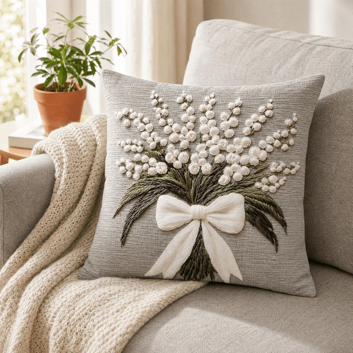 Vintage botanical cushion cover with floral, tree, bird and rabbit designs