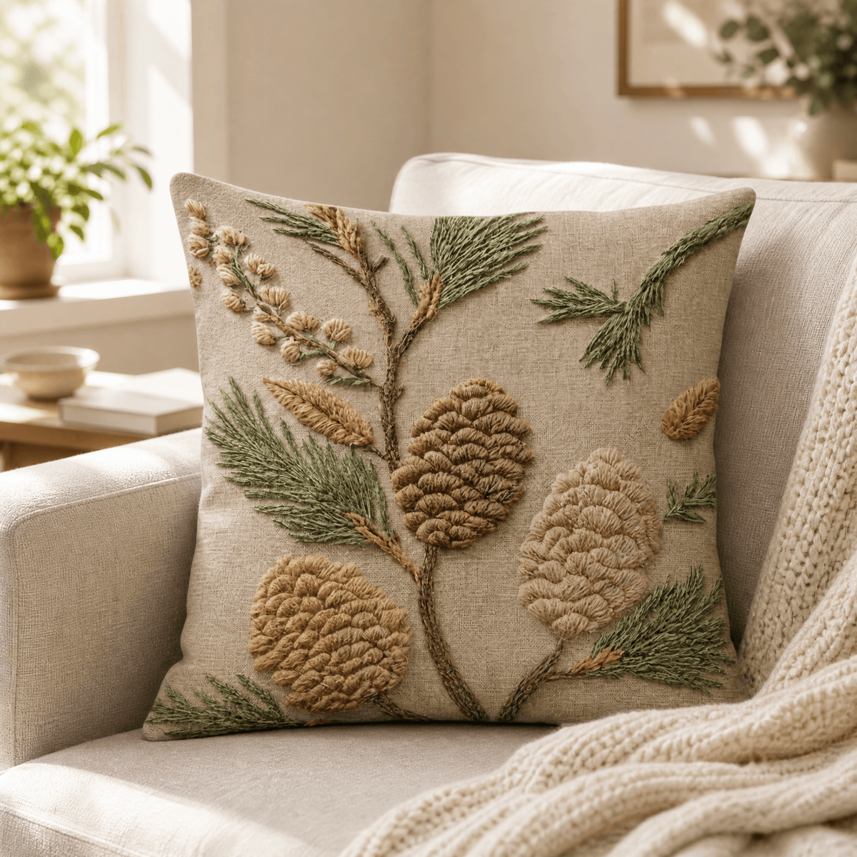 Vintage botanical cushion cover with floral, tree, bird and rabbit designs