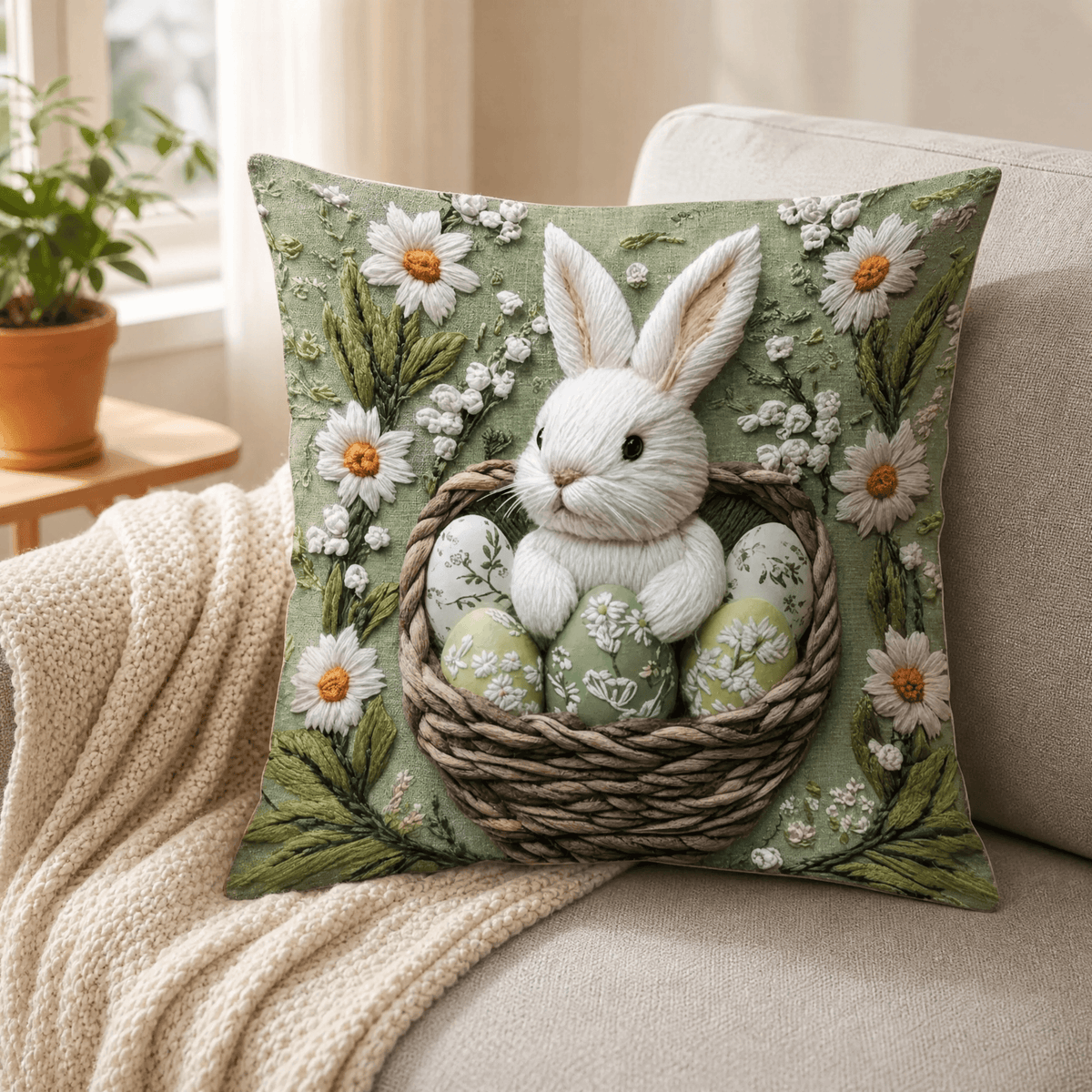 Vintage botanical cushion cover with floral, tree, bird and rabbit designs