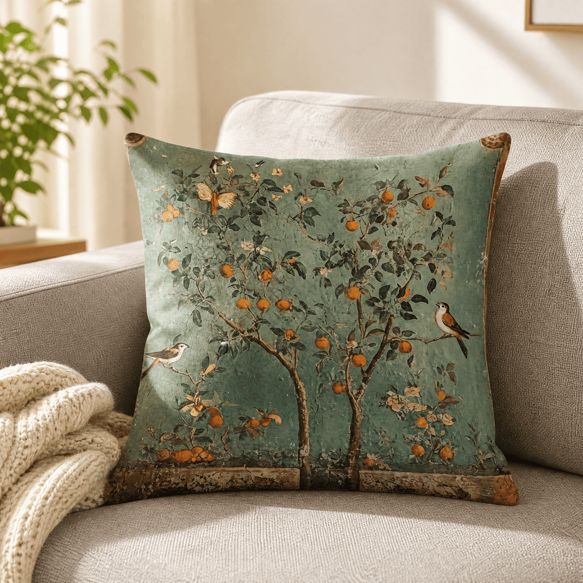 Vintage botanical cushion cover with floral, tree, bird and rabbit designs