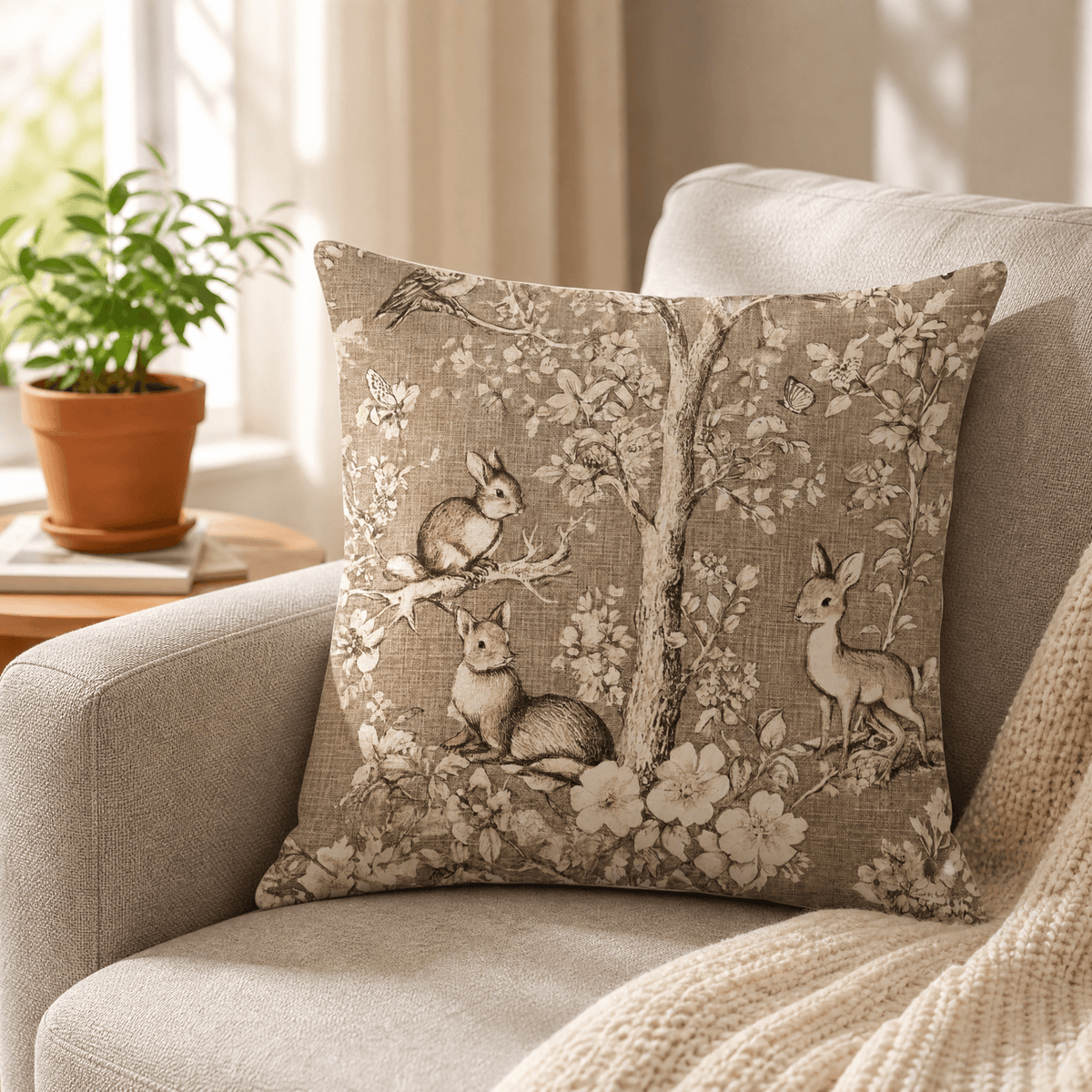 Vintage botanical cushion cover with floral, tree, bird and rabbit designs