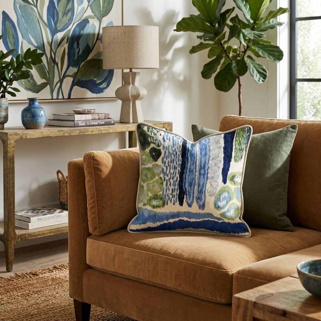 Blue and green abstract square throw pillow with piped edge