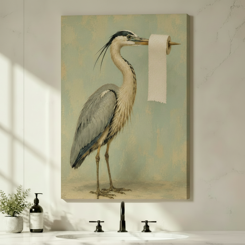 Vintage heron canvas wall art with a toilet roll detail
