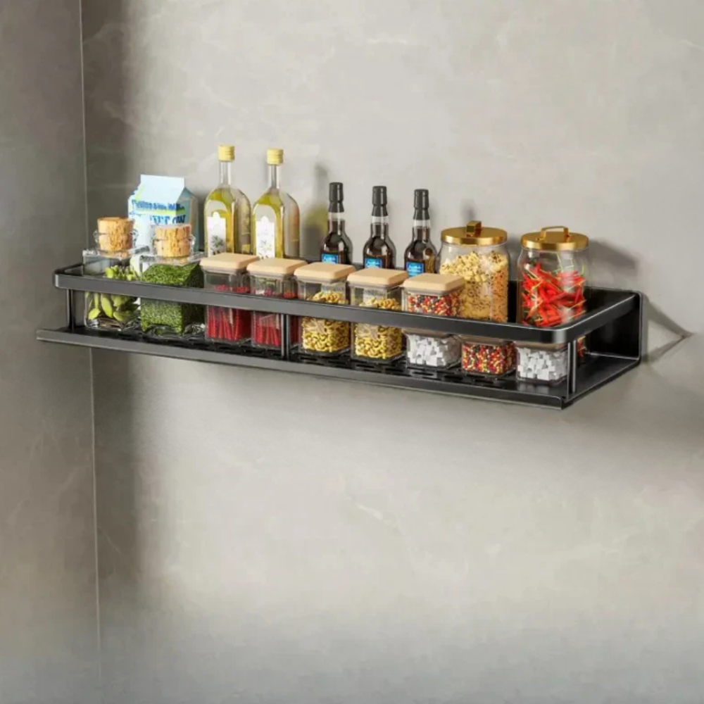 Black wall-mounted kitchen storage shelf with towel holder and utensil hooks