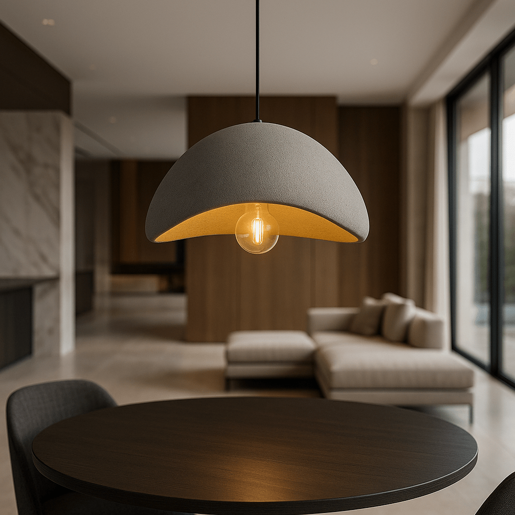 Curved dome pendant light with exposed bulb and warm glow