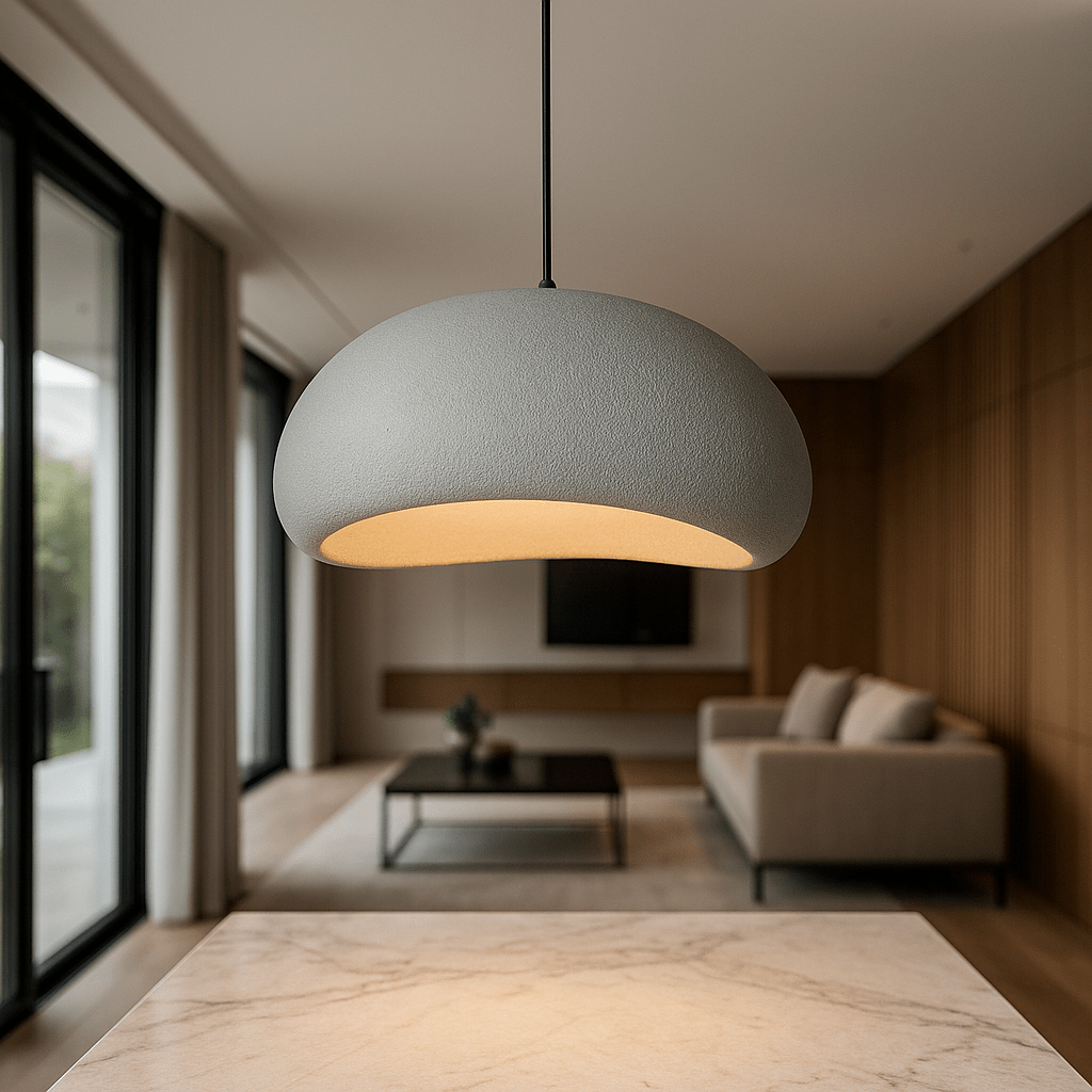 Curved dome pendant light with exposed bulb and warm glow
