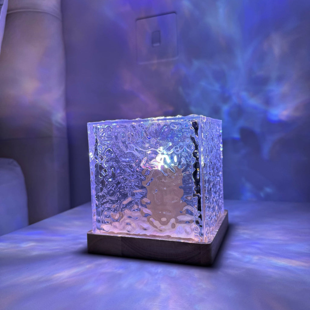 Cube LED table lamp with textured clear shade and wood-effect base