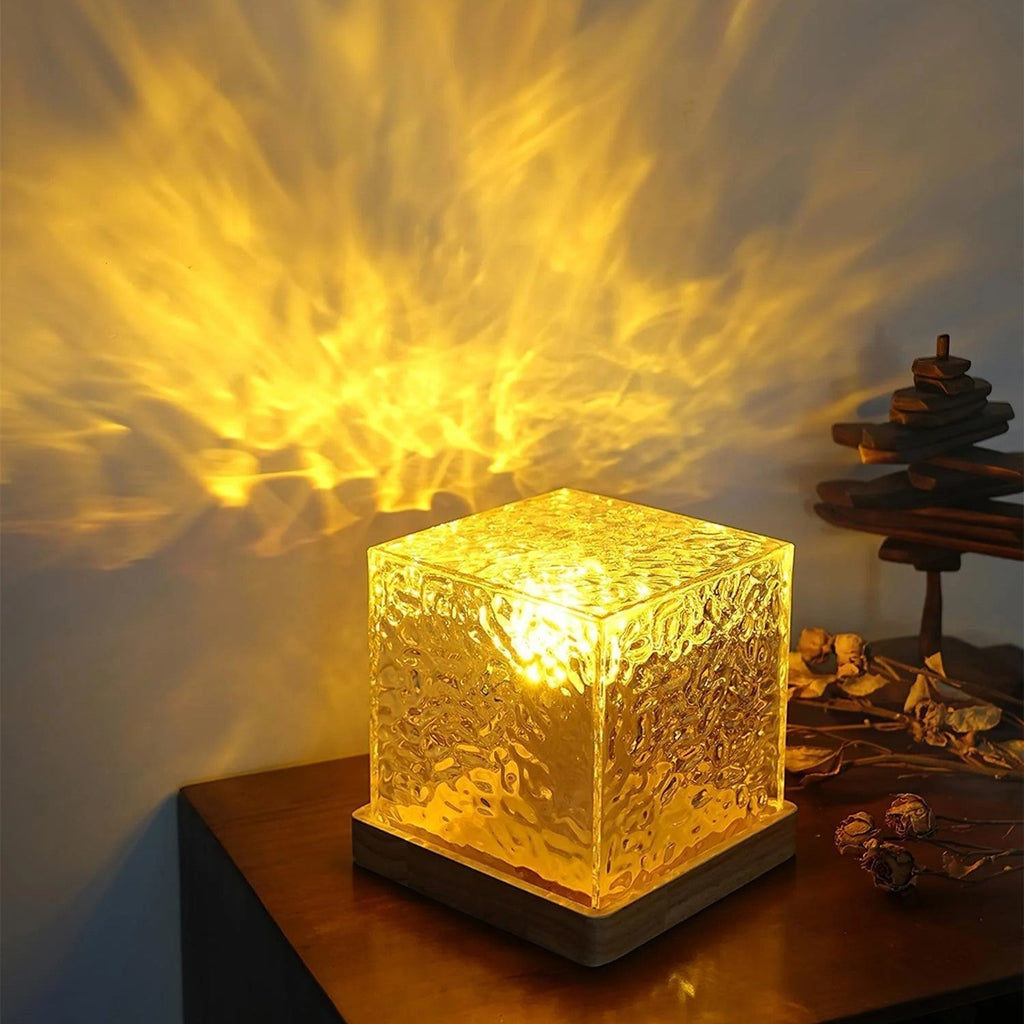Cube LED table lamp with textured clear shade and wood-effect base